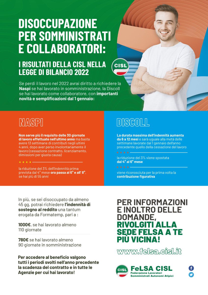 FelsaCisl's tweet photo. 📊Come cambiano la #Naspi e la #Discoll per i lavoratori #somministrati ed i #collaboratori che perdono il lavoro?
Scopri i risultati della @CislNazionale nella #LeggediBilancio2022
📩☎️Per info contatta la sede FeLSACISL a te più vicina 👉https://t.co/PyOPMvfMWx https://t.co/zDcJVHGnIm