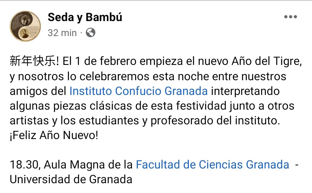 SedaBambu's tweet photo. 新年快乐! ¡Feliz Año del Tigre! Ven a celebrarlo con nosotras está tarde junto al @iconfuciougr

18.30, Aula Magna de la Facultad de Ciencias - Universidad de Granada

#sedabambú #sedabambu #añodeltigre #AnodelTigre #YearOfTheTiger #Granada #China https://t.co/ba7MewsrZG