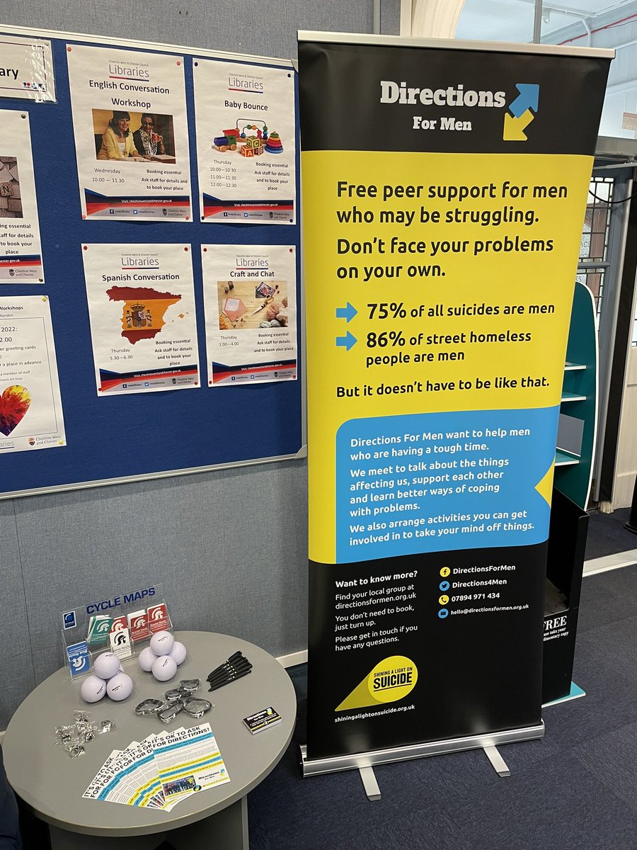Spending the morning at #Northwich <a href="/cwaclibraries/">Cheshire West and Chester Libraries</a> promoting <a href="/Directions4Men/">DirectionsForMen</a> and #mensmentalhealth. If you’re in the area pop in for a chat and free pens!
#ItsOkayToNotBeOkay