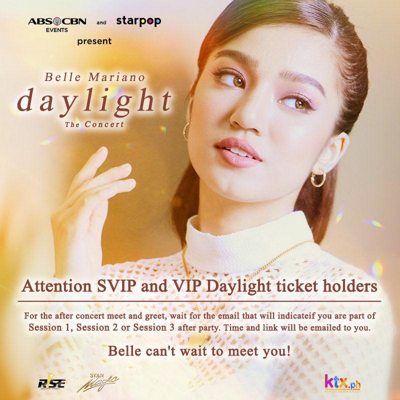 [ABS-CBN EVENTS]  ☀️ATTENTION SVIP AND VIP DAYLIGHT TICKET HOLDERS!☀️

For the after concert meet &amp; greet, please wait for the email that will indicate if you are part of Session 1,2, or 3 after party. 

Time and link will be emaile to you. 

<a href="/KtxPH/">KTX</a> <a href="/bellemariano02/">Belle Mariano</a>