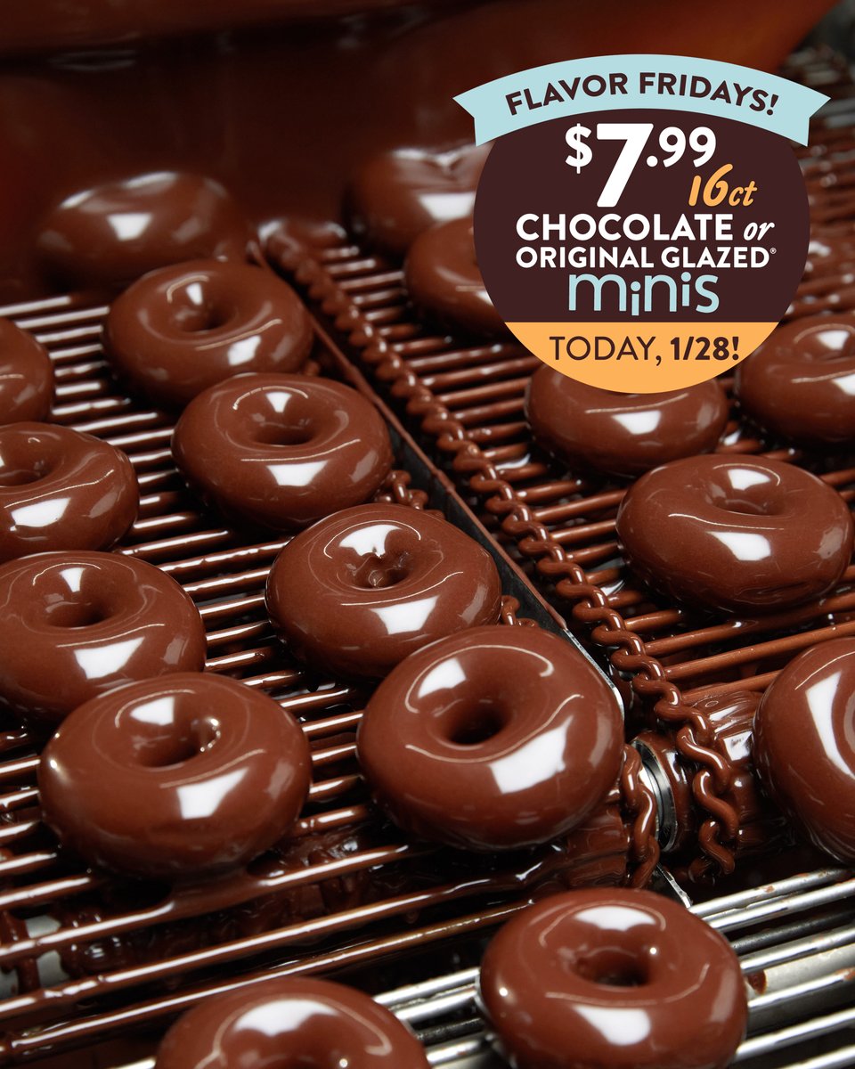 Do yourself a favor and come get some flavor for Flavor Friday! 🥳 Stop by a shop TODAY 1/28 for a 16ct of our flavor-packed Chocolate Glazed or Original Glazed minis for only $7.99! 😊🍫🍩

Participating locations only. Offer not valid online.
