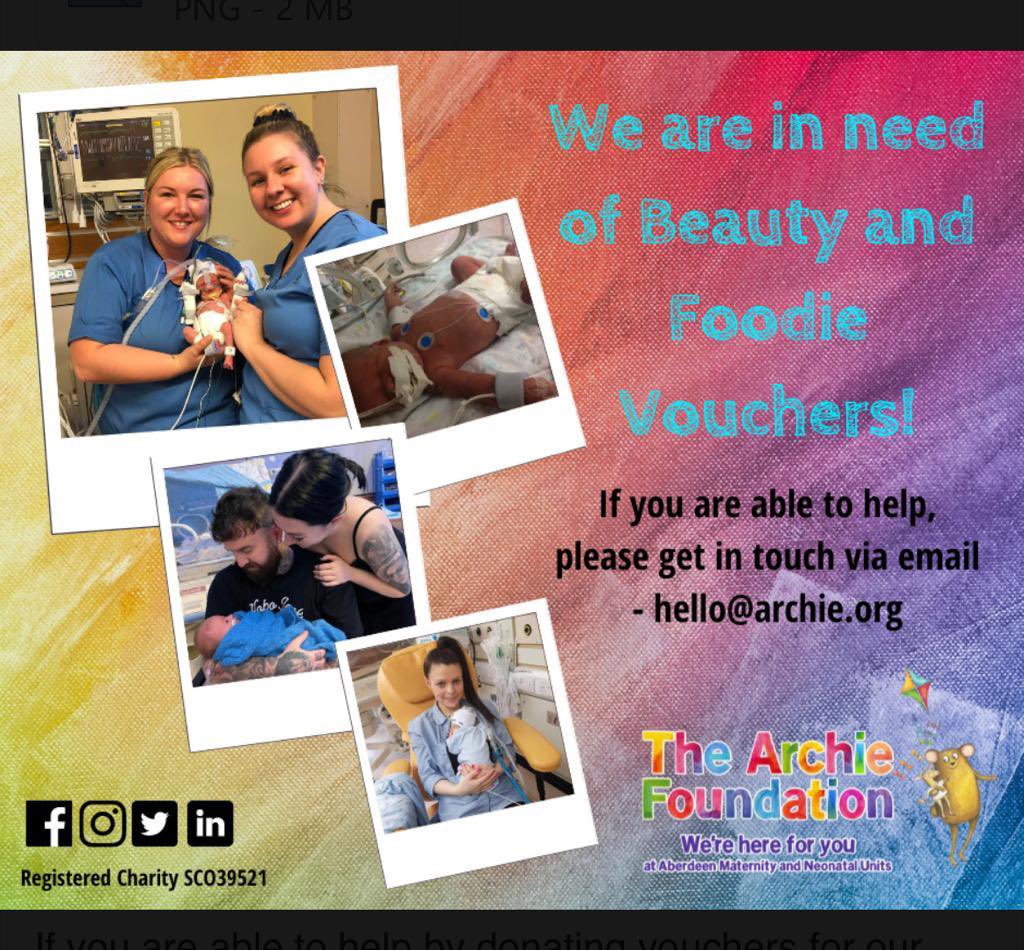 We are in need of Beauty &amp; Foodie vouchers for prizes for to support The Baird Family Hospital. Money raised will fund vital finishing touches &amp; specialist equipment. Can you help? Please DM <a href="/NHSGrampian/">NHS Grampian</a> <a href="/bairdANCHOR/">Baird ANCHOR Project</a> <a href="/AberdeenFoodies/">Aberdeen Foodies</a> <a href="/NESAwards/">NES Food & Drink</a> <a href="/TrendAberdeen/">trendaberdeen</a> <a href="/SocietyAbdn/">Society Aberdeen</a>