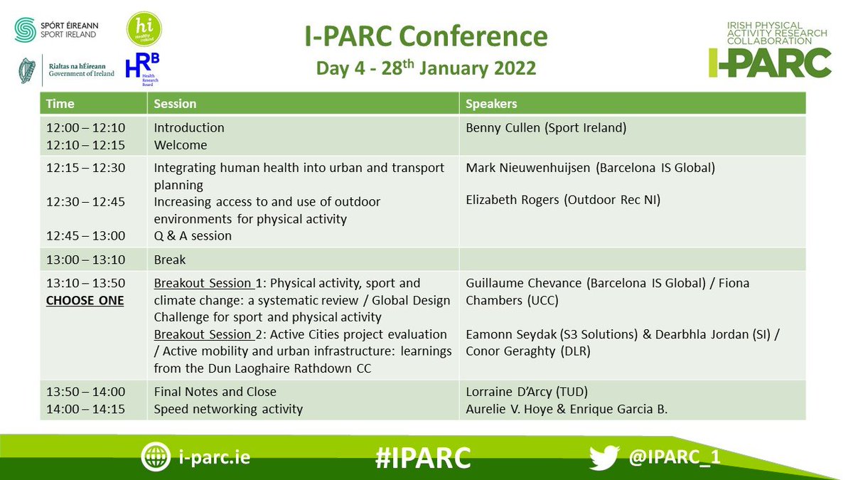 IPARC_1's tweet photo. Just under half an hour to go until our final day of #IPARC2022. If you haven't registered already, it is still open here: https://t.co/zR2Izd7s8N
@sportireland @eliz_rogers @DrFiChambers  @GuillChevance @PaquitoBernard @ISGLOBALorg @hazbeen1 @EamonnSeydak @_DearbhlaJordan https://t.co/A6MQtCKDr9