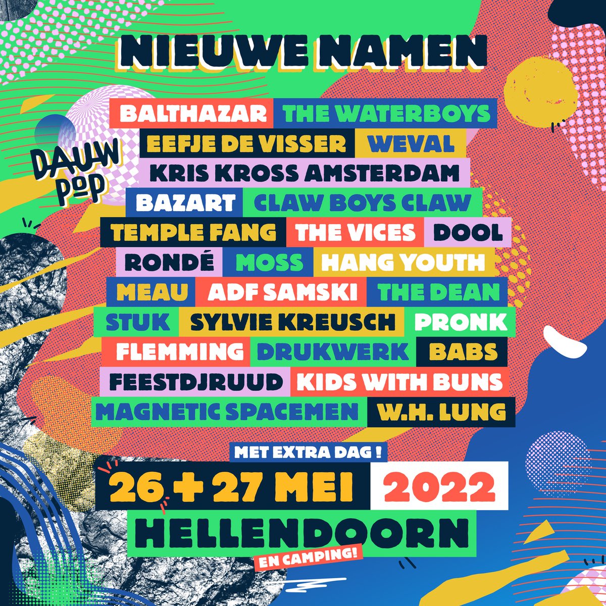 🆕 NIEUWE NAMEN DAUWPOP!

We kondigen vandaag 26 nieuwe namen aan voor 26 &amp; 27 mei. Check welke act op welke dag speelt via dauwpop.nl. Festivalkaarten voor 27 mei zijn te koop via de website, de kaarten voor 26 mei zijn uitverkocht!