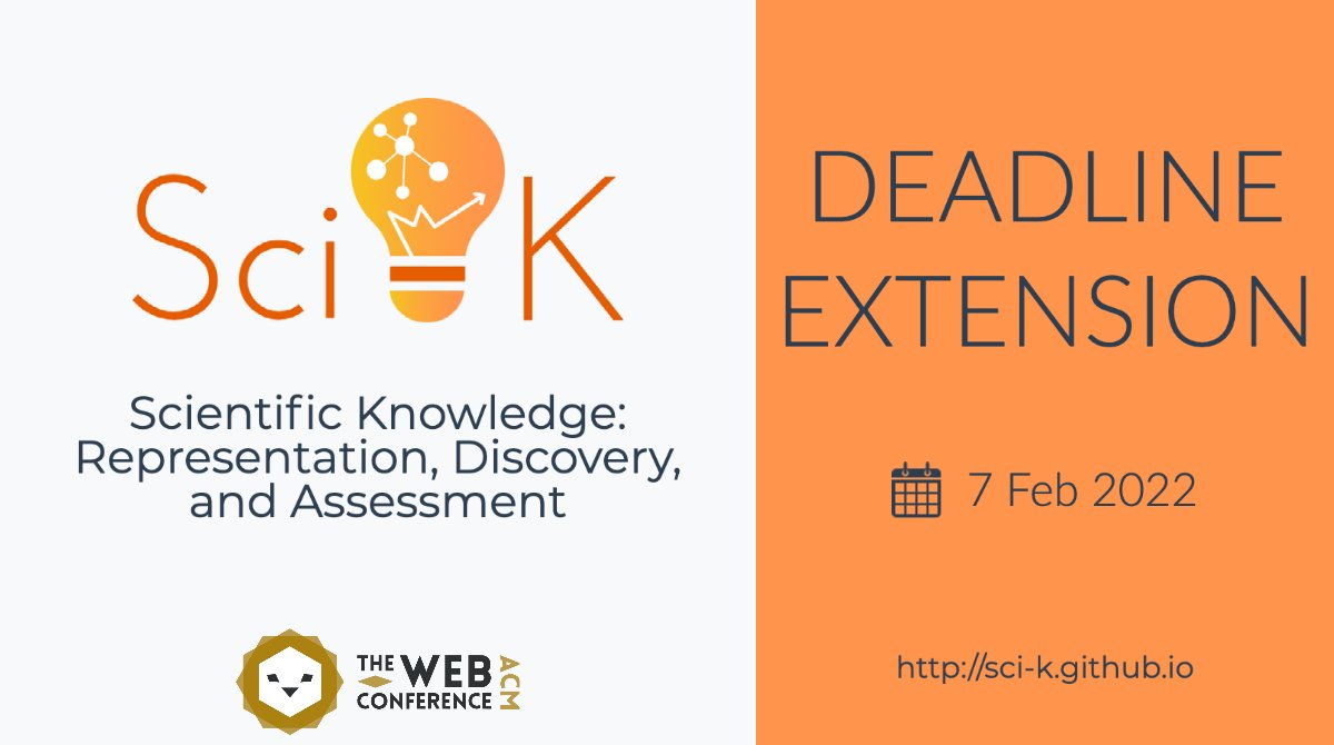 Sci-K @ ISWC2025 (@scik_workshop) on Twitter photo ๐ข ***DEADLINE EXTENSION***
After some extension requests we have decided to push back #scik2022 deadline to:
๐๏ธ 7 February 2022
<a href="/TheWebConf/">The Web Conference</a> #ScienceOfScience
Looking forward to receiving your manuscripts.
All info and new dates are available on sci-k.github.io/2022/ ๐ข ***DEADLINE EXTENSION***
After some extension requests we have decided to push back #scik2022 deadline to:
๐๏ธ 7 February 2022
<a href="/TheWebConf/">The Web Conference</a> #ScienceOfScience
Looking forward to receiving your manuscripts.
All info and new dates are available on sci-k.github.io/2022/