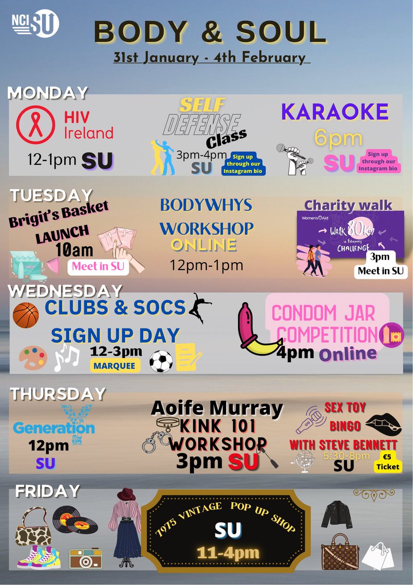 NCISU's tweet photo. BODY &amp; SOUL CAMPAIGN WEEK BABY !!!! 

We can’t wait for this amazing week starting Monday !! 
Let us know in the comments what event your looking forward too ? 
🌅🌅🌅🌅🌅🌅🌅🌅🌅🌅🌅🌅 #ncirl #ncisu #campaignweek https://t.co/NcHrQWKt54