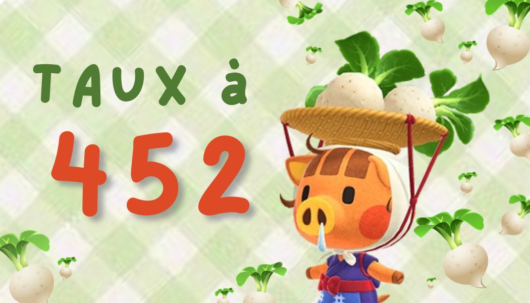 Taux à 452 sur le serveur ! 🪴✨
C’est le moment de venir vendre vos p’tits navets ici : 
discord.gg/ePyY9GA2tq

 A VOS RETWEETS ! 
#navets #acnhnavets #navetsacnh #courdunavet #acnh #acnhfr #acnhentraide #turnips #turnipprice