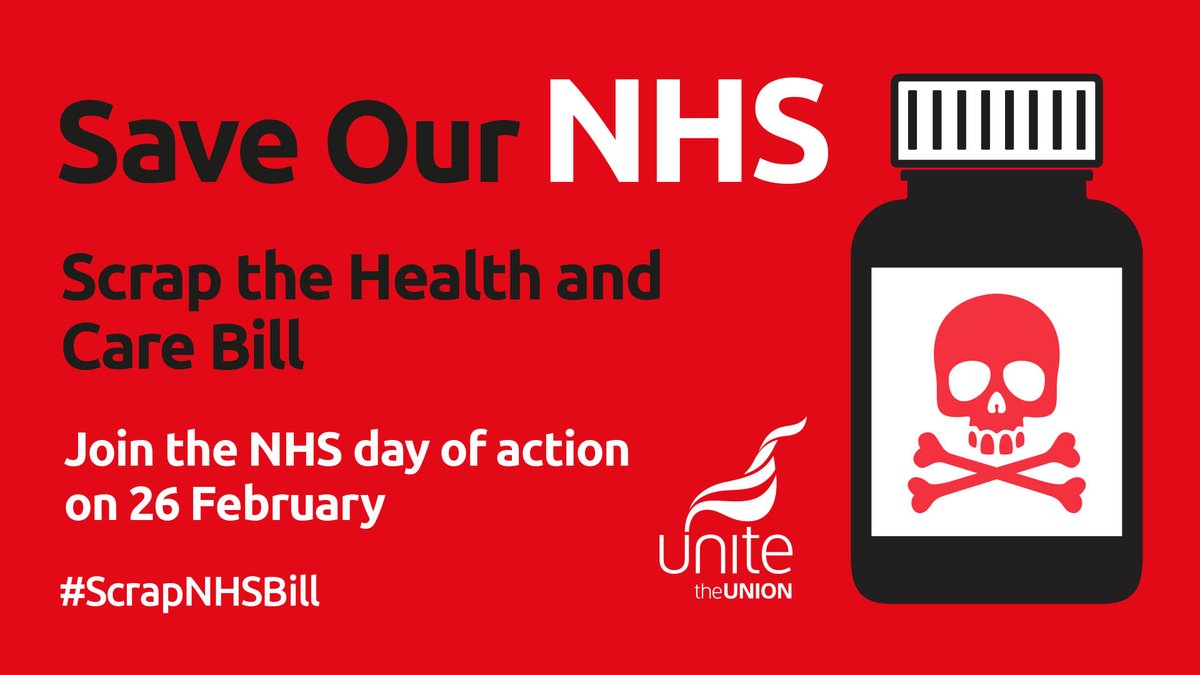 Our #NHS is under threat. Time is running out to save it. Join our day of action on 26 February to stop the Health and Care Bill and tell your MP they must oppose it. 

#ScrapNHSBill #YourNHSNeedsYou #NHSSOS 

Find out how to get involved here ⬇️

unitetheunion.org/campaigns/oppo…