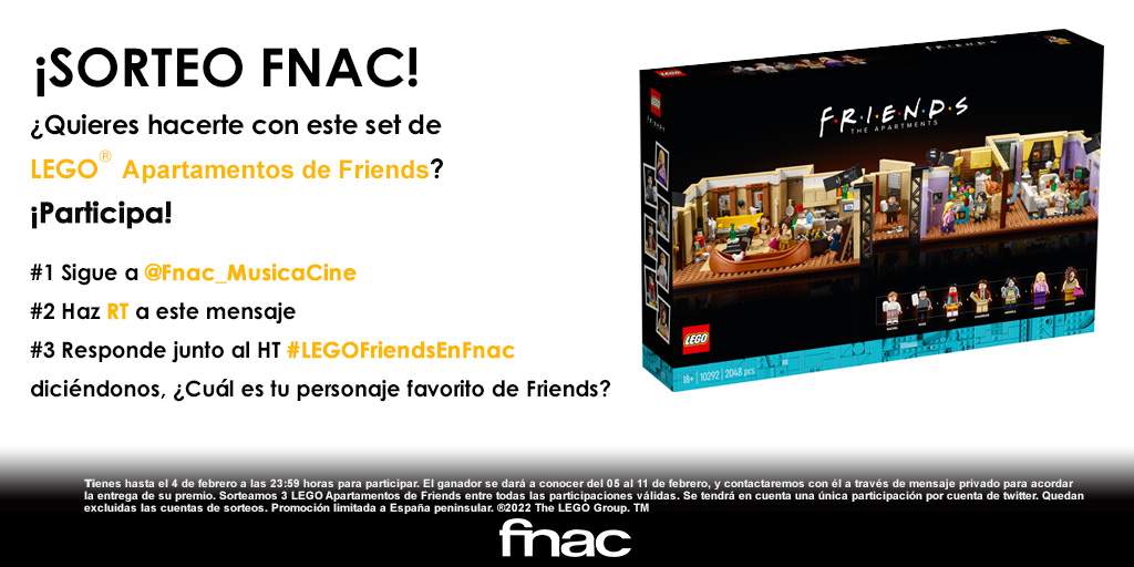 Si te encanta #Friends tenemos un sorteo muy especial ¿Quieres hacerte con el nuevo #LEGO Apartamentos de Friends?😏

✅Sigue a <a href="/Fnac_MusicaCine/">Fnac Música / Cine</a>
✅RT
✅Responde junto al HT #LEGOFriendsEnFnac, ¿Cuál es tu personaje favorito de Friends?

¿No puedes esperar?
fnac.es/LEGO-10292-Apa…