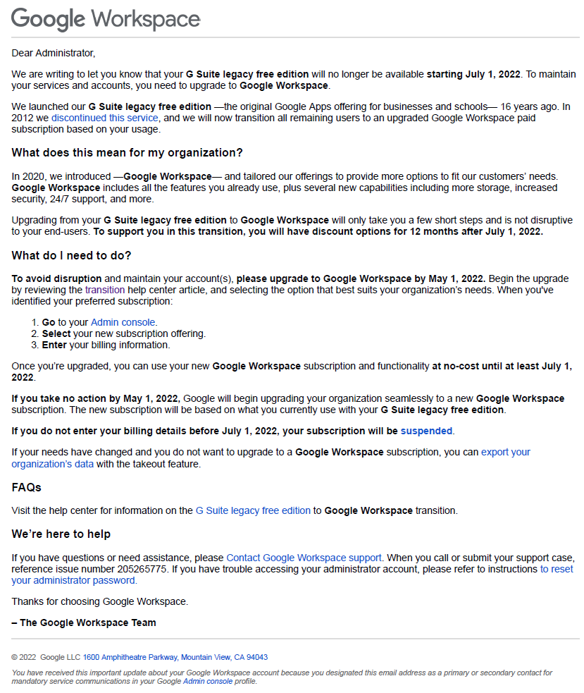 GeorgeAppiah's tweet photo. Google is pulling the grandest bait-and-switch move that the Internet has ever seen. The company is terminating all of "G-Suite legacy free" accounts on 1st July unless they upgrade to a paid Workspace plan. https://t.co/BMyPrkoWgR
