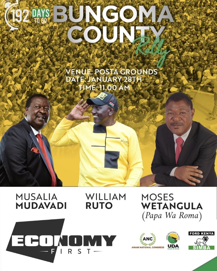 HusseinMohamedg's tweet image. Today UDA party leader William Ruto and his partners outline our economic agenda at a joint UDA, ANC and Ford Kenya rally in Bungoma County. 

#Kenyakwanza  #Uchumikwanza #EarthquakeInBungoma