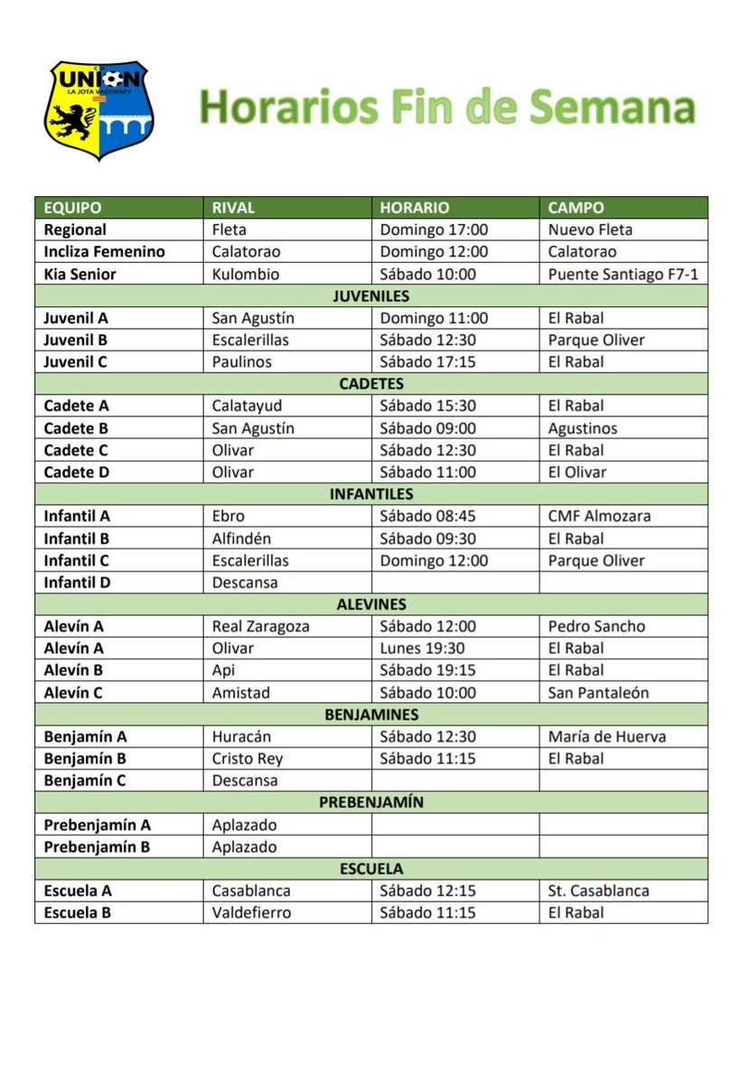 unionlajvado's tweet photo. ⌚ HORARIOS FIN DE SEMANA

A continuación os dejamos con los horarios de los partidos que disputan nuestros equipos este fin de semana. https://t.co/b0qiauPxsa