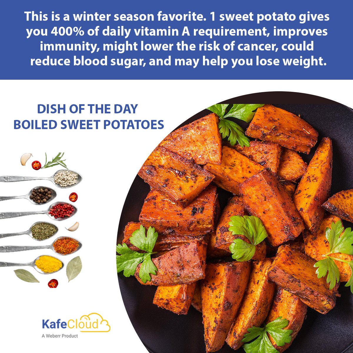 Dish of the day #18 - “Boiled Sweet Potatoes” Check out its health benefit in the image.

If you have not followed us on Instagram, click on the below link and follow us for such interesting information.
Instagram link – instagram.com/kafecloud/