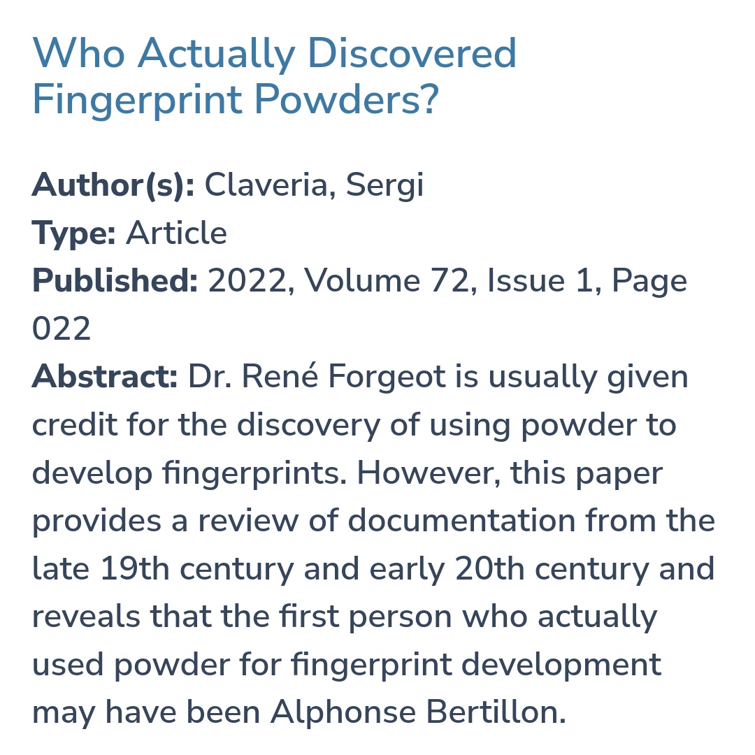 science_ser's tweet photo. My work about the origin of powders has just been published in the Journal of Forensic Identification.
I hope you like it 🙃

https://t.co/qy5TtxtDBj

#Bertillon #Forgeot #History #fingerprints #JFI https://t.co/UKnegiRjw4