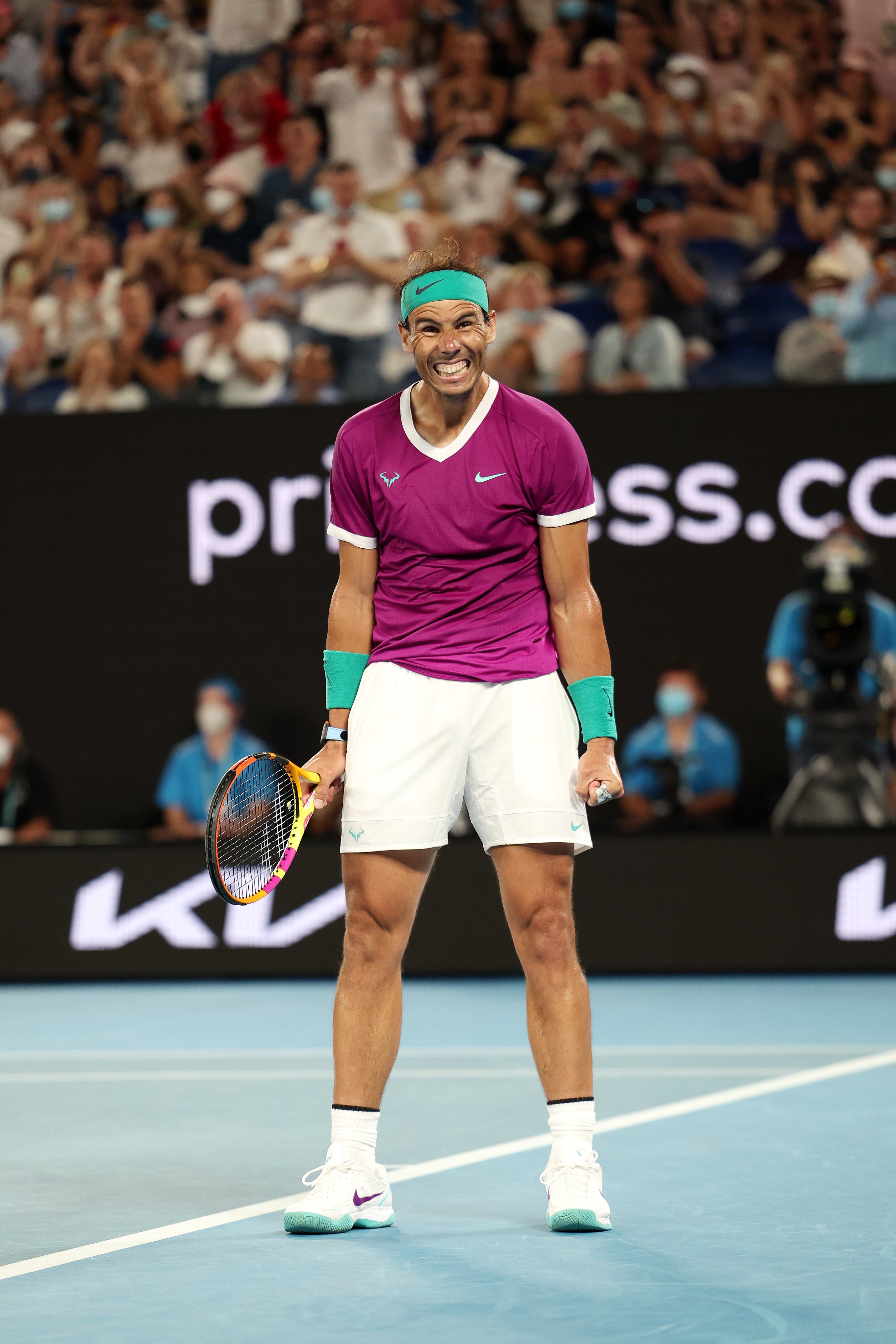 Rafael Nadal celebrates winning his Australian Open semifinal on Rod Laver Arena at Melbourne Park