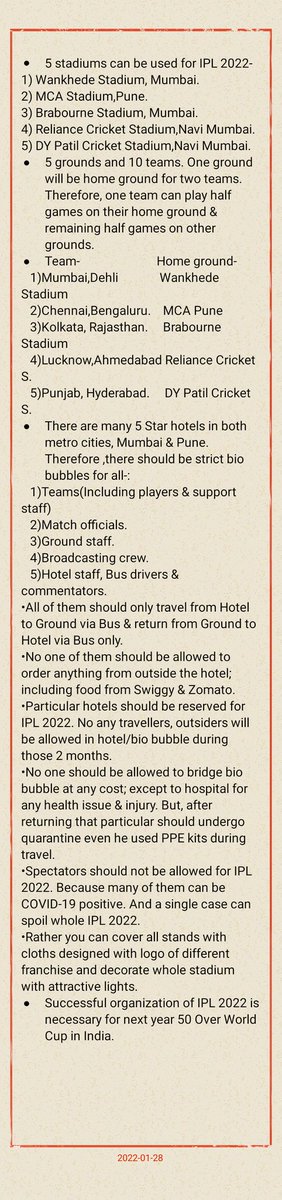 ManePranayPrav2's tweet photo. @BCCI @IPL @SGanguly99 @ShuklaRajiv @JayShah 
#IPLAuction2022 #IPLAuction  #IPL2022MegaAuction #IPL2022 

•BCCI should organize IPL2022
in Mumbai &amp; Pune only.
•This will avoid travelling by Plane &amp; eventually COVID-19 cases arising due to Plane travelling. https://t.co/FbuGVUl7kS