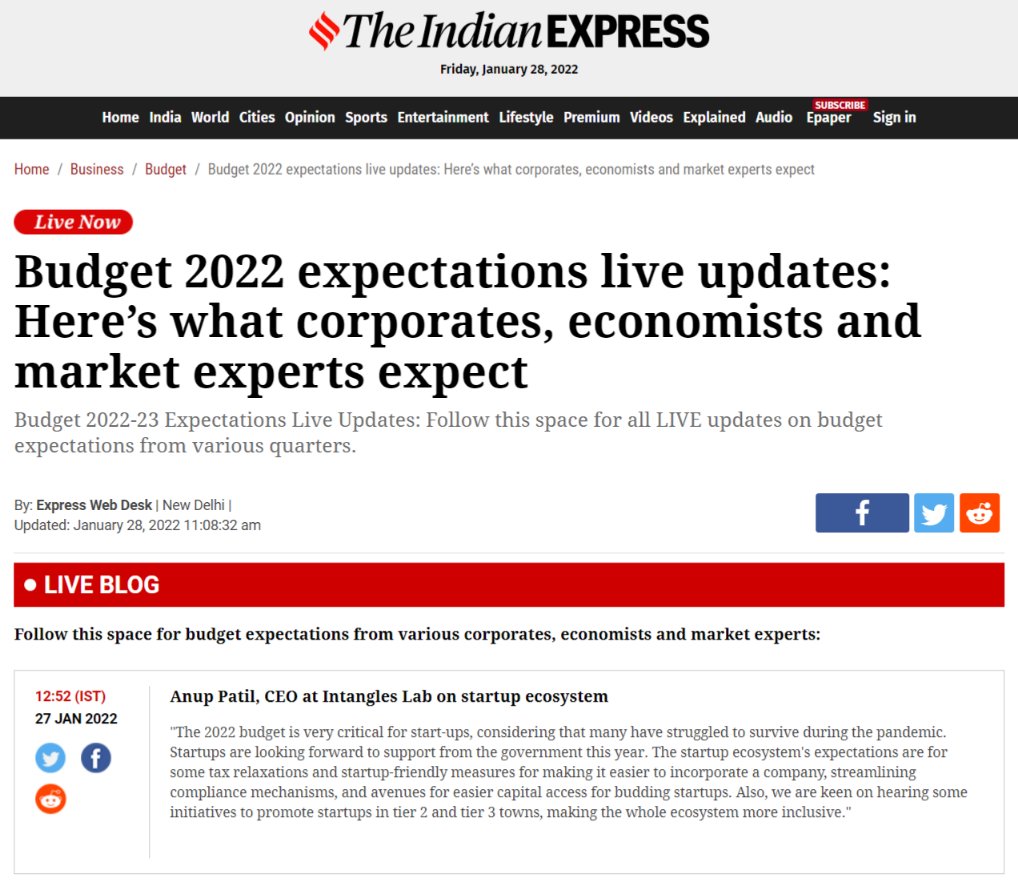 Intangles (@intangles) on Twitter photo #Intangles CEO, Anup Patil, features as one of the business leaders to be quoted by <a href="/theindianexpres/">The Indian Express</a> on the expectations of startups from Budget 2022. Thank you, The Indian Express for the feature. bit.ly/3Gc4gEC #Intangles CEO, Anup Patil, features as one of the business leaders to be quoted by <a href="/theindianexpres/">The Indian Express</a> on the expectations of startups from Budget 2022. Thank you, The Indian Express for the feature. bit.ly/3Gc4gEC