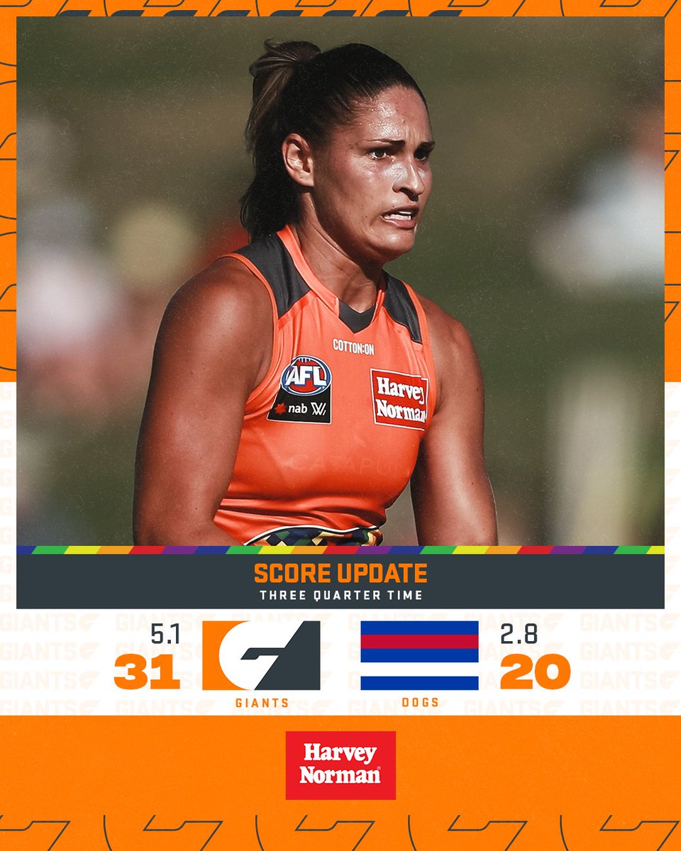 GWSGIANTS's tweet photo. One final quarter to go! 

What are your predictions? 

#AFLWGIANTSDogs #AFLWPrideRound https://t.co/FFzF7MpxaP