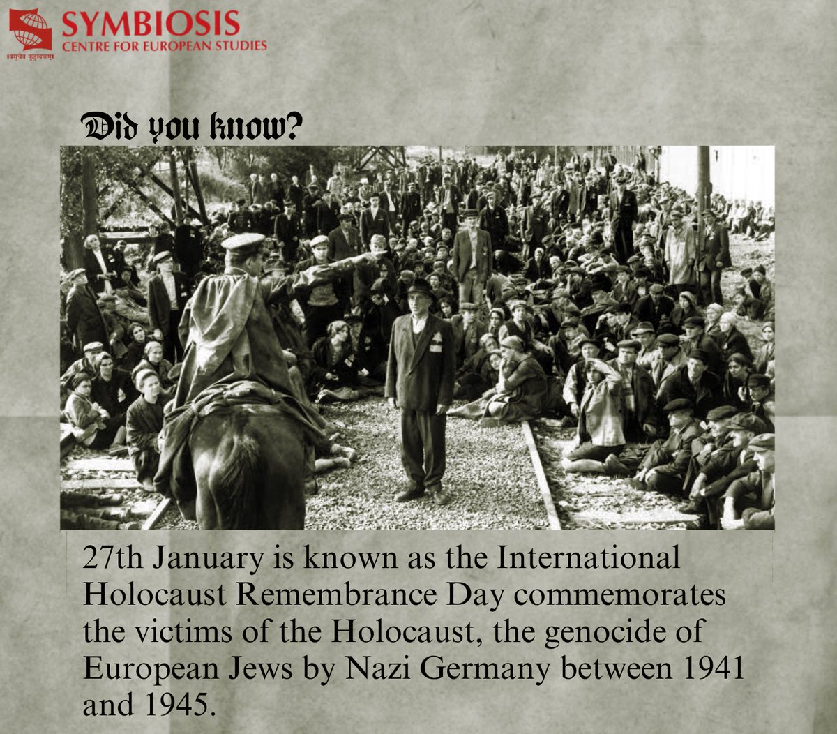 symbiosis_sces's tweet photo. #ThrowbackFacts Did you know that 27th January is known as the International Holocaust Remembrance Day commemorates the victims of the Holocaust, the genocide of European Jews by Nazi Germany between 1941 and 1945. https://t.co/QUHK6RScSG