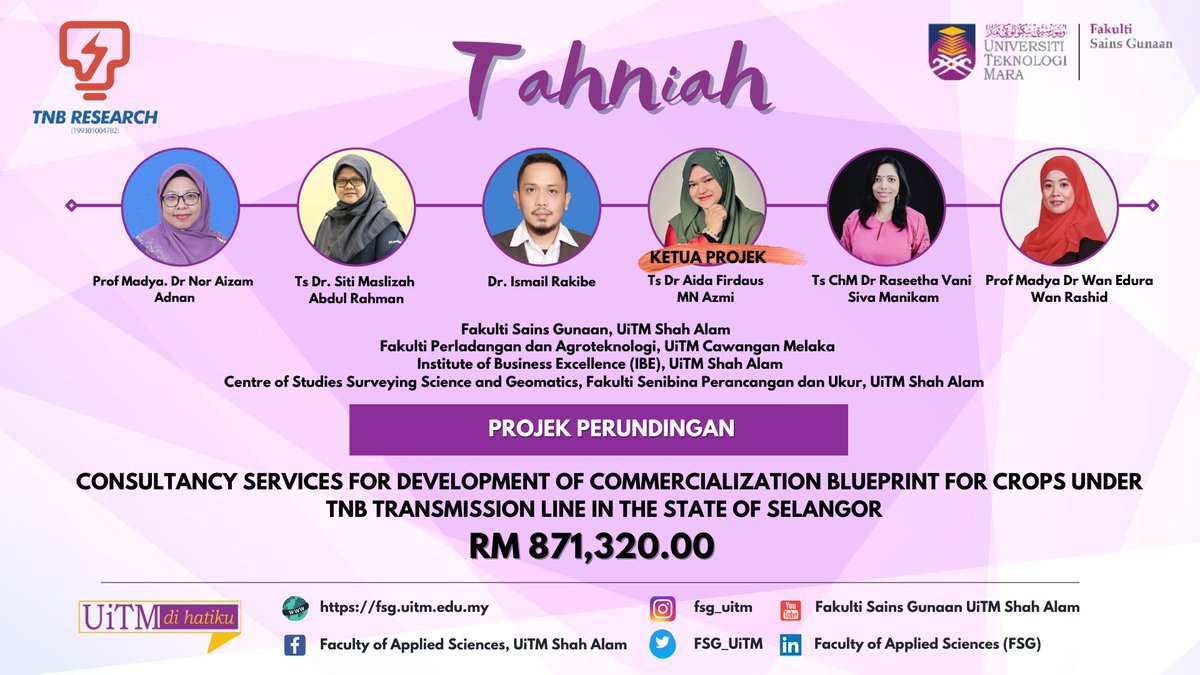 FSG_UiTM's tweet photo. Tahniah Ts Dr Aida Firdaus MN Azmi dan pasukan, penerima projek perundingan bernilai RM 871,320.00 daripada TNB Research. 

Semoga terus maju! https://t.co/QrmAxSf90I