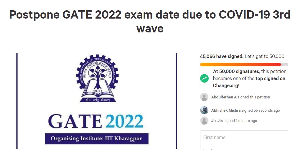 BidyasagarRoy4's tweet photo. #postponegate2022 
More than 45,000+ candidates appearing for the Graduate Aptitude Test in Engineering (GATE) in February have joined a petition demanding the exam be postponed in view of the third wave of COVID-19
@EduMinOfIndia
@IITKgp
 or allow them to change the center. https://t.co/W4ynvdl6SX