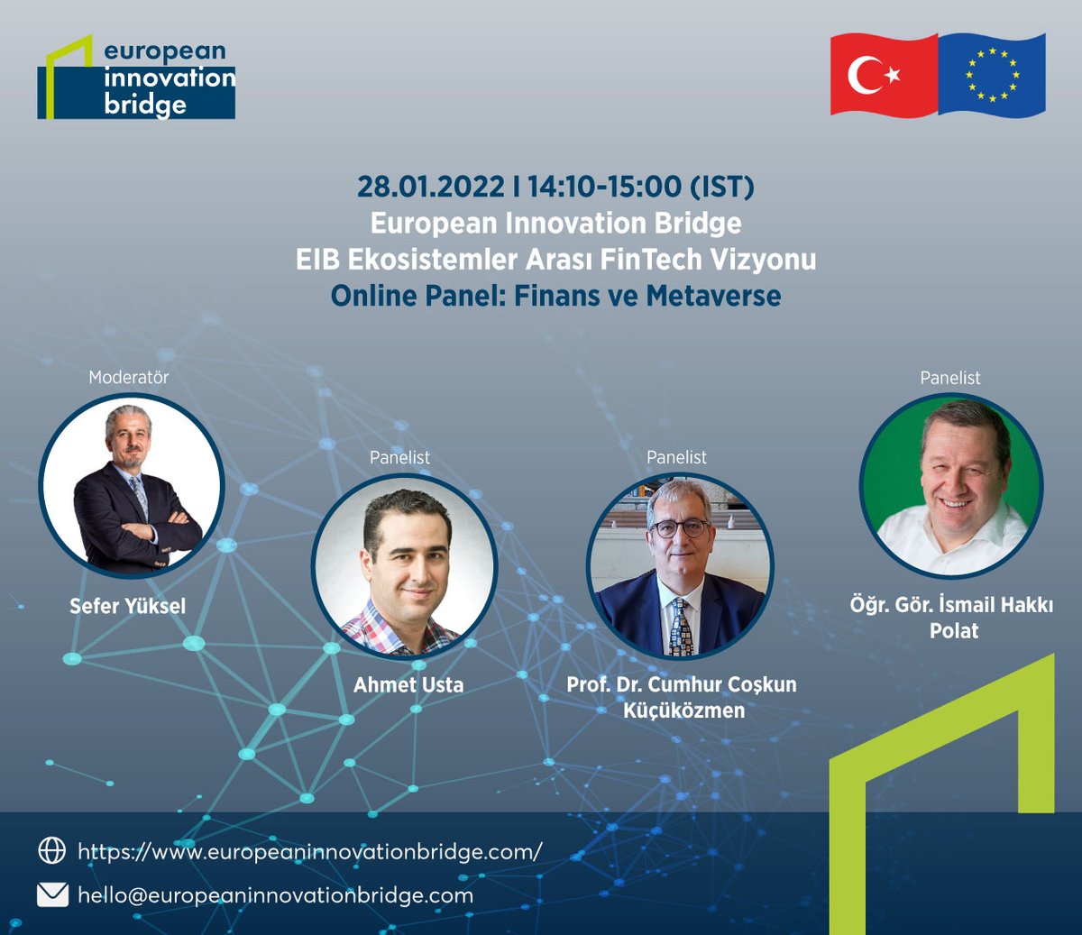 ⏳ Başlıyoruz!
<a href="/BridgeEuropean/">European Innovation Bridge</a>  Arası FinTech Vizyonu” etkinliğine saatler kaldı. Son katılım talepleri için TSI 13:00’e kadar isim, e-posta ve kurum bilgileriyle <hello@europeaninnovationbridge.com> adresine eposta göndermeniz yeterli olacaktır. 

Airmeet'te görüşmek üzere! 👋