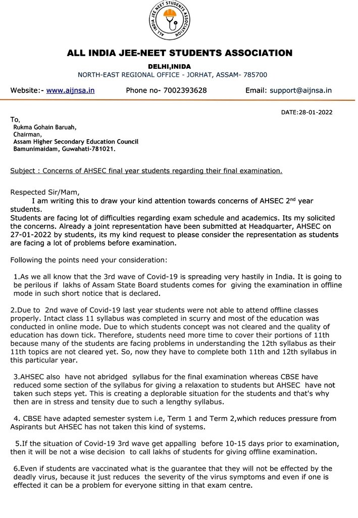 UrHimanshuBorah's tweet photo. Today, I have written a letter to #AHSEC, @himantabiswa , @ranojpeguassam to draw their kind attention towards concerns and problems of AHSEC students regarding their final exams.
Therefore, it's my meek solicitation prithee glimpse over this issue pronto.

#cancelboardpariksha https://t.co/RINCVAhmIc
