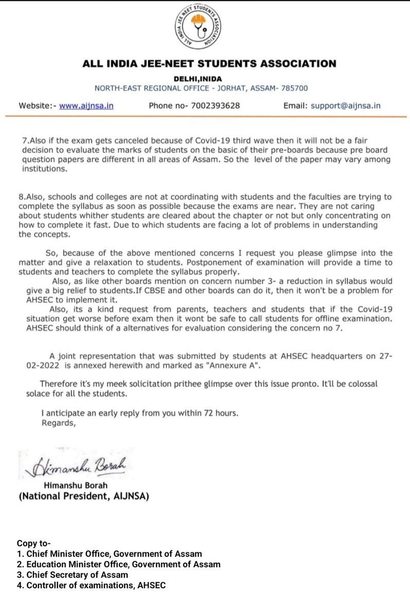 UrHimanshuBorah's tweet photo. Today, I have written a letter to #AHSEC, @himantabiswa , @ranojpeguassam to draw their kind attention towards concerns and problems of AHSEC students regarding their final exams.
Therefore, it's my meek solicitation prithee glimpse over this issue pronto.

#cancelboardpariksha https://t.co/RINCVAhmIc