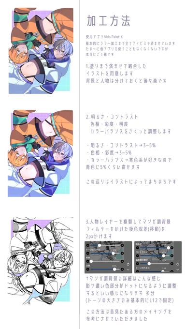 マシュマロで質問いただいた加工方法+αです! イラストにもよりますが私は大体こんな感じの手順で加工してますね〜 