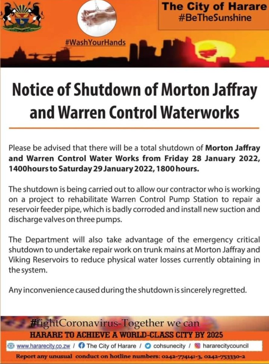 BusinessTimesZW's tweet photo. #Dryweekend The @cohsunshinecity says it will shut down the Morton Jaffray and Warren Control waterworks from Jan 28 to Jan 29 to carry out repair works
@ZiFMNews @HevoiNews @984News1 @HarareResidents @ChraHarare https://t.co/phTBWusJAN