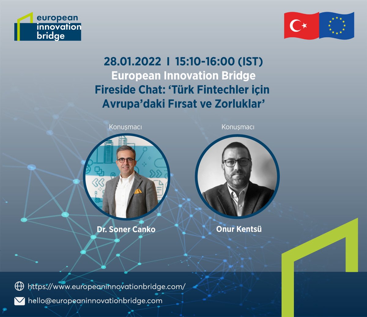 sebnemelifk's tweet photo. ⏳ Başlıyoruz!
@BridgeEuropean  Arası FinTech Vizyonu” etkinliğine saatler kaldı. Son katılım talepleri için TSI 13:00’e kadar isim, e-posta ve kurum bilgileriyle <hello@europeaninnovationbridge.com> adresine eposta göndermeniz yeterli olacaktır. 

Airmeet'te görüşmek üzere! 👋 https://t.co/O9DZvOkd7S