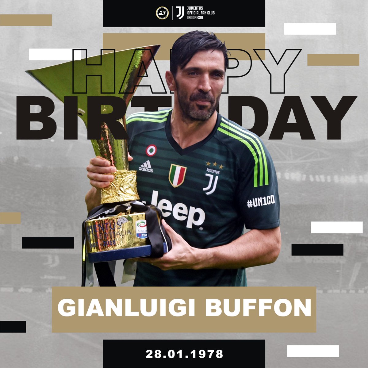 JCIndonesia's tweet photo. Hari ini legenda hidup Bianconeri berulang tahun yang ke-44. Happy birthday, Gigi!

Tanti auguri @gianluigibuffon! 🎂🥳

Indonesia wishing you all the best!

#gianluigibuffon https://t.co/J7aJM1w8M3