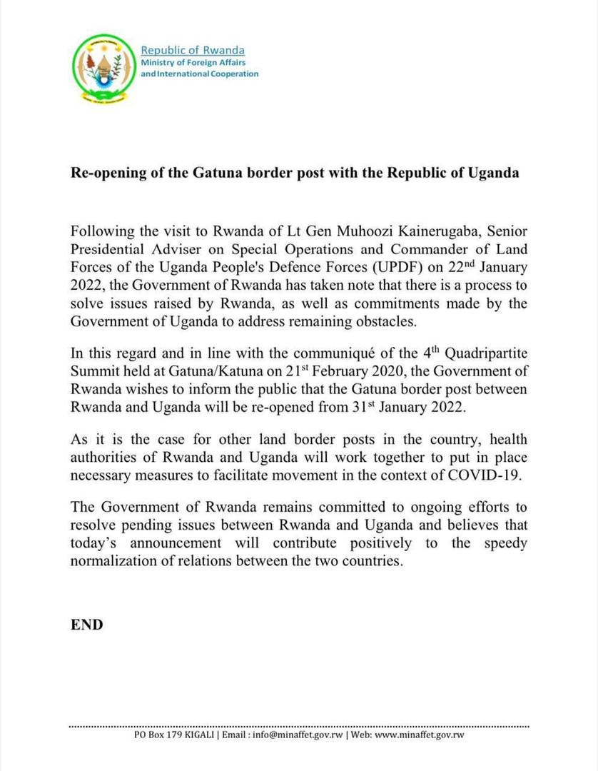 We are excited to share news on the re-opening of the Gatuna border between Rwanda-Uganda which has been closed for over 2 years. 
The #OneAfricaMarket thrives when dialogue is prioritized to solve challenges for harmony in regional cooperation.
<a href="/ICOYACA/">AfCFTA Youth Advisory Council</a> <a href="/jumuiya/">East African Community</a> <a href="/ICOYACA_Rwanda/">AfCFTA youth advisory council-Rwanda</a>