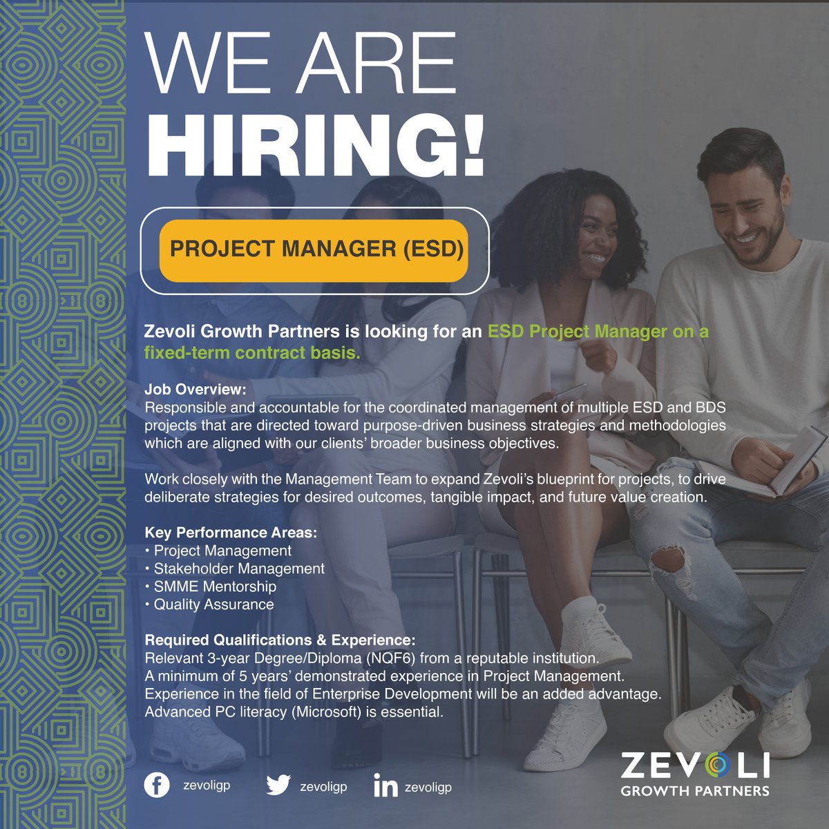 ZevoliP's tweet photo. Interested persons can apply by submitting a CV to the Human Resources Department, for attention Marilise Combrink on hr@zevoligp.co.za. Closing Date is 7 February 2022.

#vacancies #projectmanager #zevoligp https://t.co/tG0hAifwuh