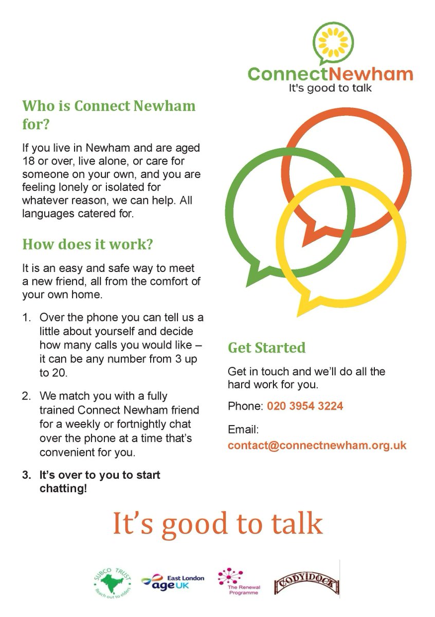 Have you heard about <a href="/ConnectNewham/">Connect Newham</a> yet? We're incredibly proud to be partnering with <a href="/AgeUKEastLondon/">Age UK East London</a> and <a href="/subcotrust/">Subcotrust</a> on this service, funded by <a href="/NewhamLondon/">Newham London 💙</a>. Read more about the service and how you can refer people.
#connectnewham #telephonebefriending #supportline #newham
