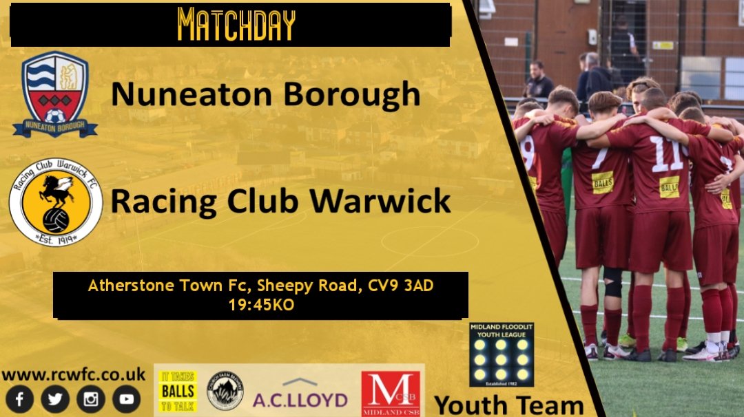 RCWFC's tweet photo. MATCHDAY

Youth Team in league action tonight 

🕖 19:45KO
🆚️ @NuneatonBoroU18
🏟 Atherstone Town, CV9 3AD

#UTR 🟡⚫ https://t.co/scQiamj0YV