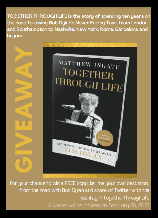 t0mbstoneblues's tweet photo. Together Through Life is out in paperback / e-book in one month! It's about Bob Dylan concerts; following him from city to city, country to country and show to show. To win a free copy RT this and tell me your own best Never Ending Tour story with the hashtag #TogetherThroughLife https://t.co/OQ4kOJ751I