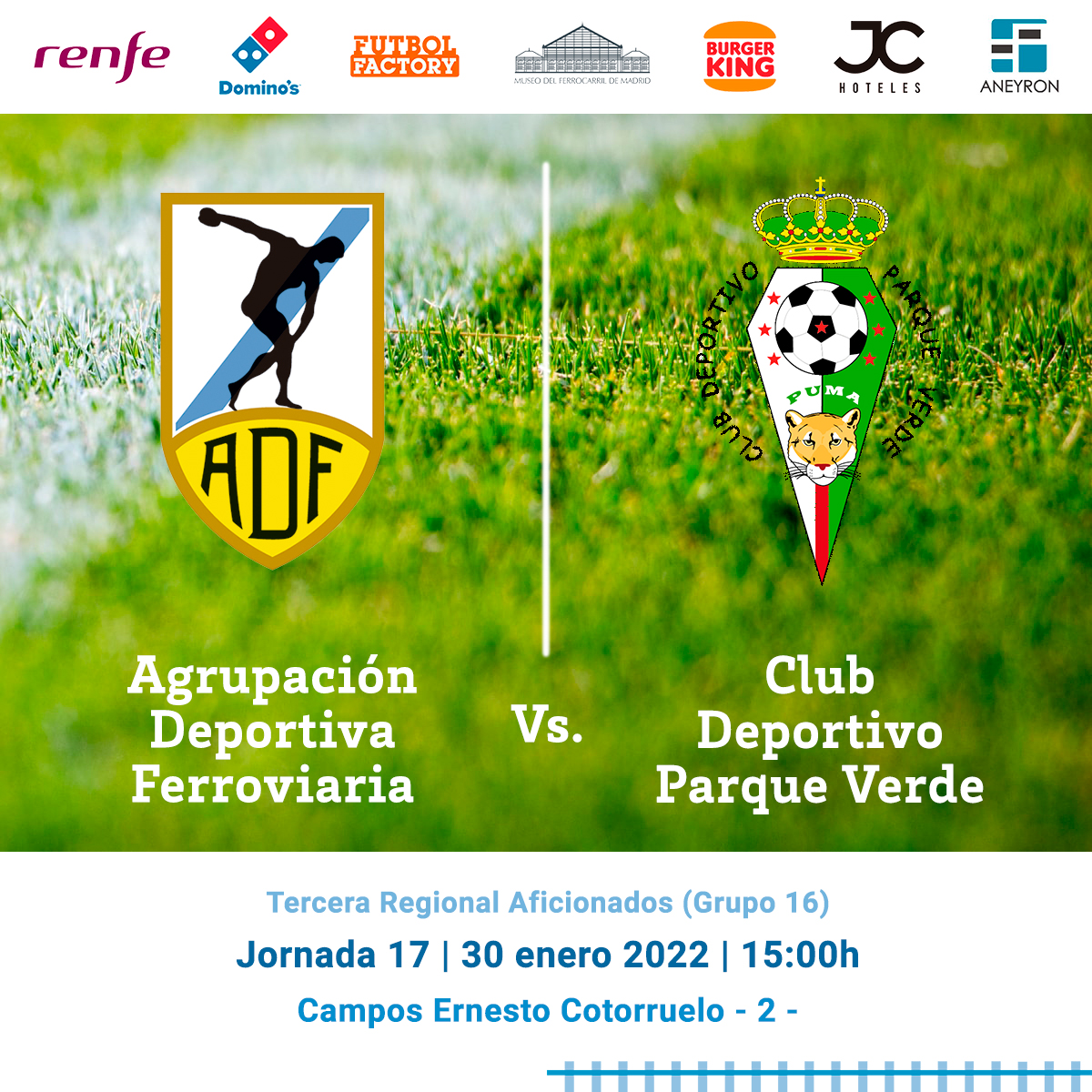 Este domingo, 30 de enero, a las 15:00h, jugamos la 17ª jornada⚽ Nuestro rival será el <a href="/cdparqueverde/">C.D. Parque Verde</a> y vamos a esforzarnos por conseguir una nueva victoria #SubeAlaFerro 🚂 ¡Vamos #LaFerro!

Tendrá lugar en el campo Ernesto Cotorruelo nº: 2
(Vía Lusitana, 5 - #Madrid Abrantes)