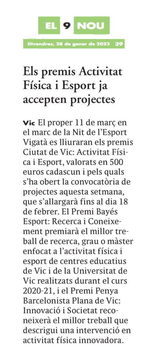 “Els Premis Activitat Física i Esport ja accepten projectes” via <a href="/el9nou/">El 9 Nou</a>