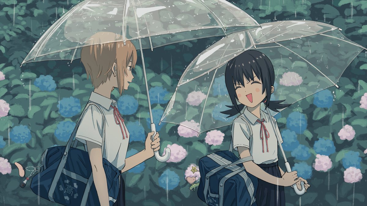 1girl solo flower hydrangea umbrella black hair rain  illustration images