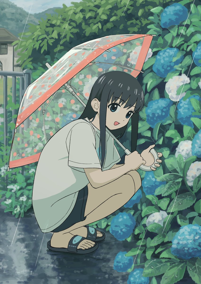 1girl solo flower hydrangea umbrella black hair rain  illustration images