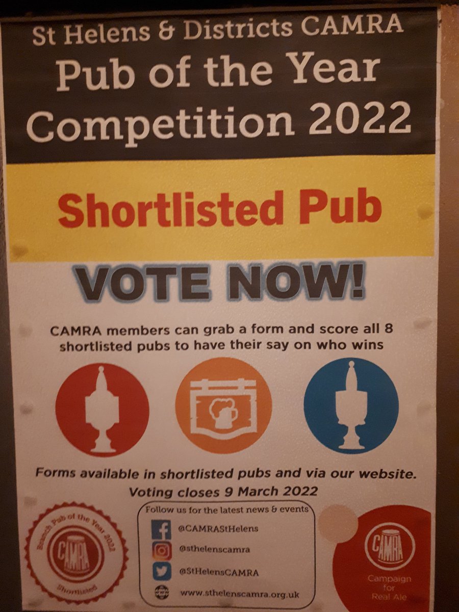 Over the moon to be short listed in the top 8 for the st Helens camra poty. What a fantastic selection of pubs and microbars, camra members pick up a form at the cricks , and go and check out all 8 pubs and have 8 fantastic days or nights out . ST HELENS REAL ALES WHAT A TOWN 🍻
