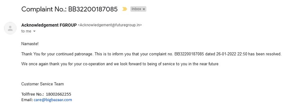 vivekvardhan007's tweet photo. So frustrating as consumer, Orderd products on @BigBazaar on Sun23Jan (to be deliver on the same day)and still no delivery even after 5 days. The complaint call also closed with the update that issue has been resolved. Is this calld quick srvc during pndemc time @ConsumerReports https://t.co/iyhHsb8wiV