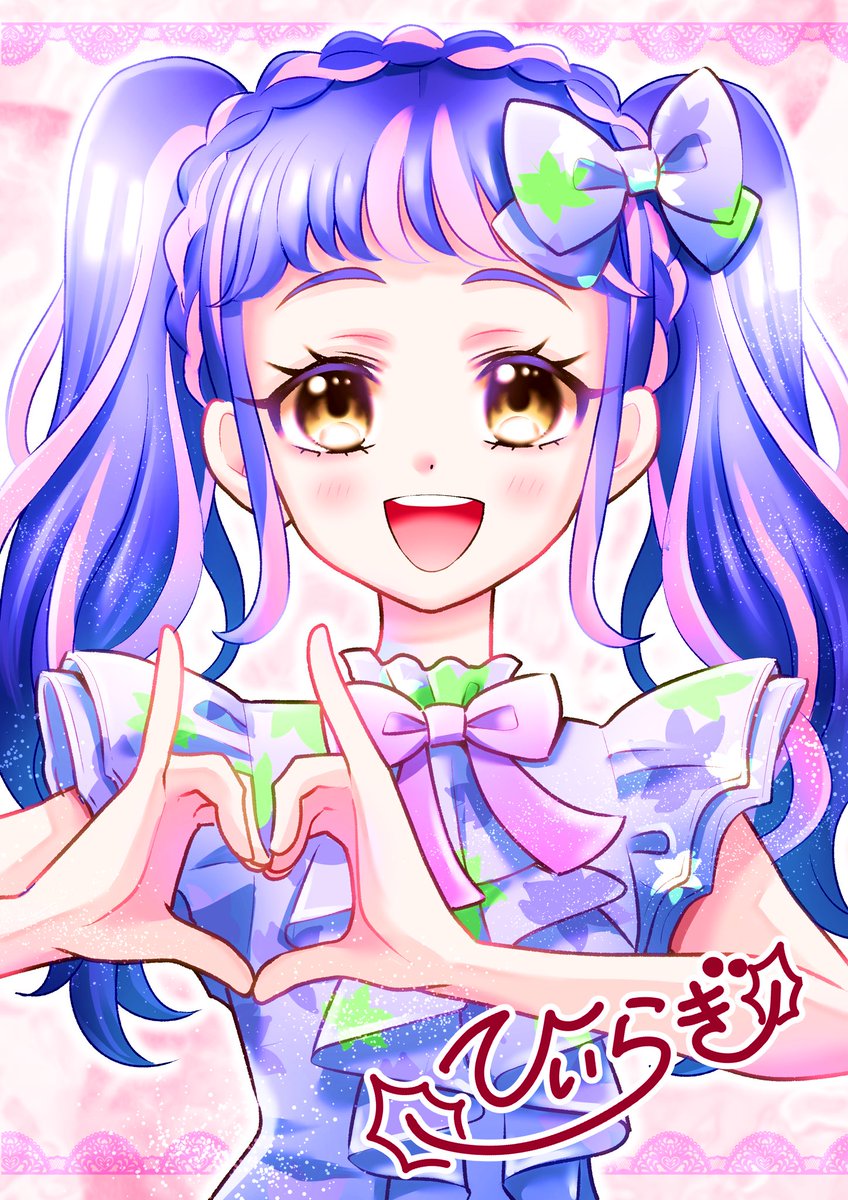 1girl solo smile bow twintails heart hands pink hair  illustration images
