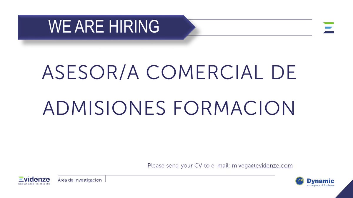 Dynamic (@dynasolutions) on Twitter photo WE ARE HIRING! We are looking for a profile of commercial advisor admissions of formaionPlease send your CV to: m.vega@evidenze.com
Job offert details:
dynasolutions.com/publicaciones/…
#Jobs #SomosDynamic#Formacion WE ARE HIRING! We are looking for a profile of commercial advisor admissions of formaionPlease send your CV to: m.vega@evidenze.com
Job offert details:
dynasolutions.com/publicaciones/…
#Jobs #SomosDynamic#Formacion