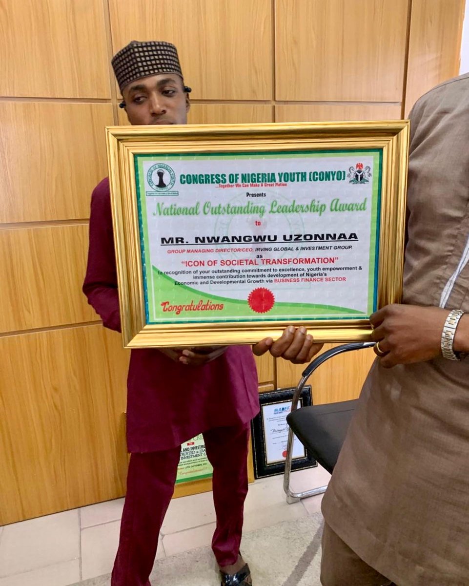 irvinglobal's tweet photo. The Congress of Nigeria youth presenting award; National Outstanding Leadership Award to, Mr Uzonna Nwangwa, GMD Irvin Global and Investment Limited..

Ujunwa Chiawa, the General Manger, Investment and Corporate Communication receiving the award on behalf of the GMD. https://t.co/Ixq6DchWUX