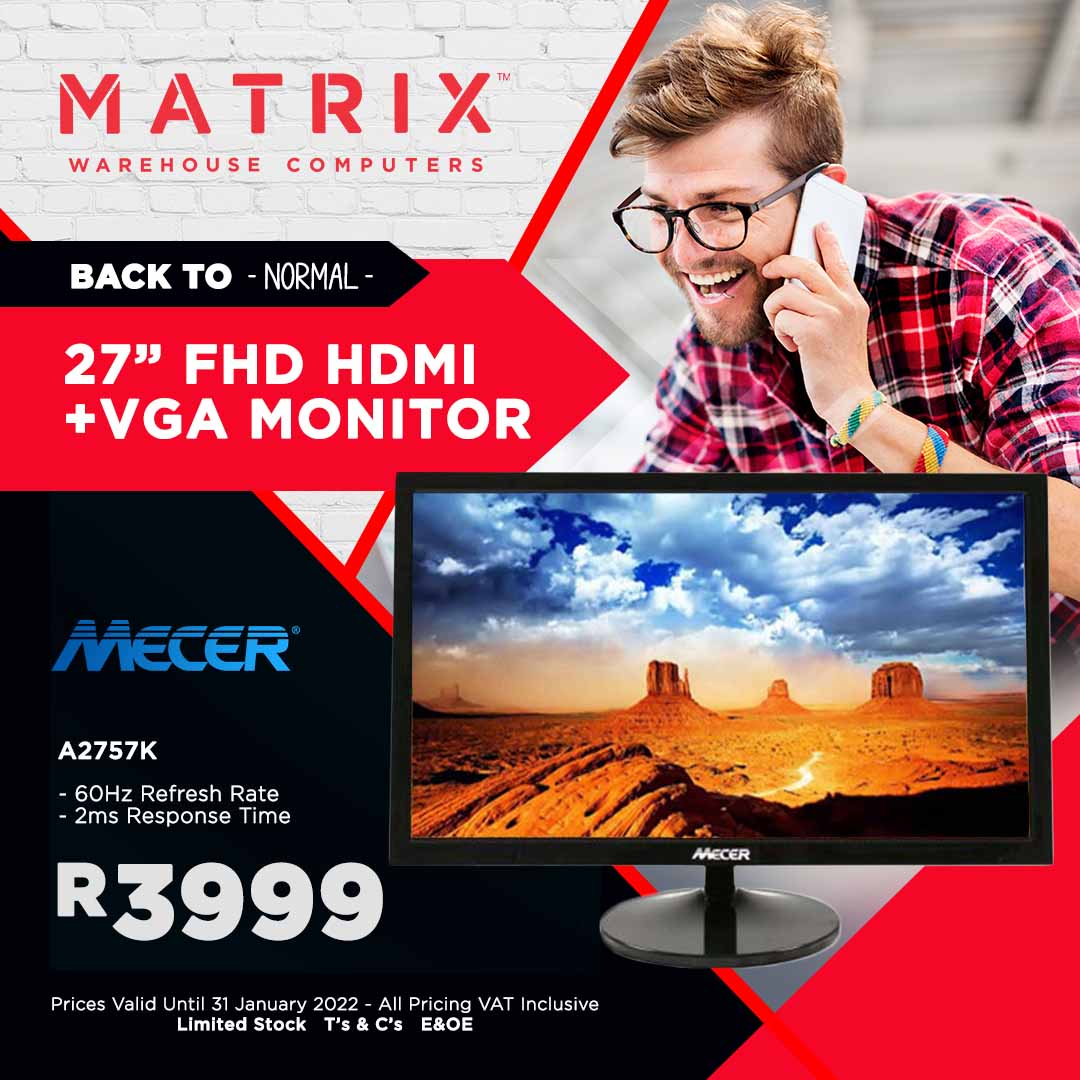 Southgate_JHB's tweet photo. Complete your office setup with the #Mecer A2756H 27-inch #Full HD LED #Monitor! Comes with a 1920 x 1080 resolution, 2ms response rate, and 60Hz refresh rate!
Available in-store or online at #Matrixwarehouse!
https://t.co/Wec5RjpPhy https://t.co/CJQxGnv7bf