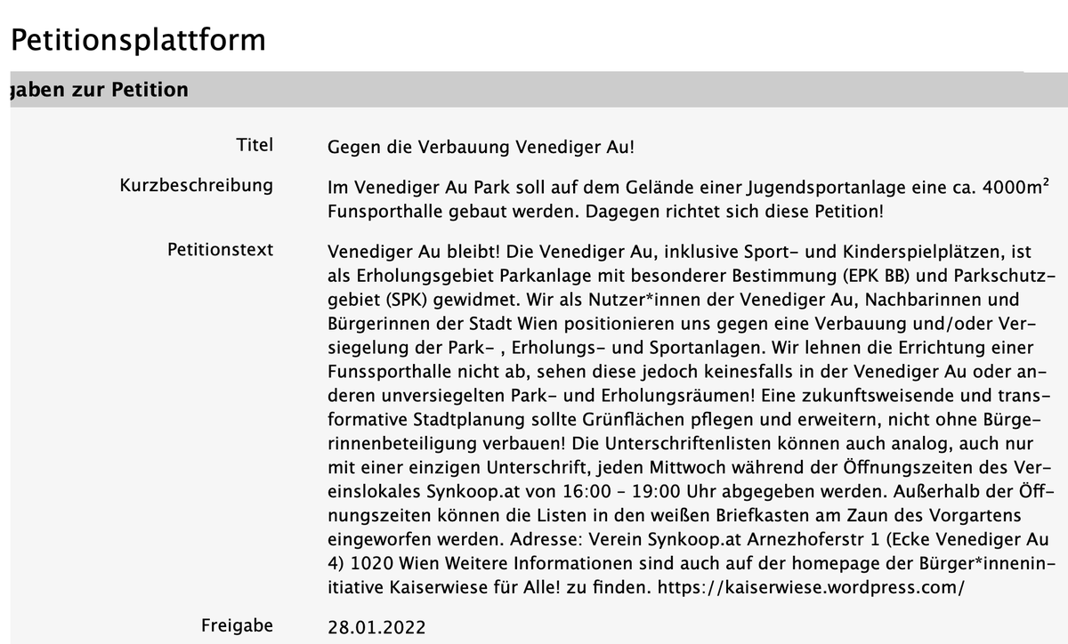 grueneleo's tweet photo. Die Petition einer Bürger*inneninitiative gegen die Verbauung der #VenedigerAu kann jetzt online via Handysignatur unterzeichnet werden.
Bitte unterzeichnen und verbreiten. Danke 🙏🏽
https://t.co/l7PvJrlGpN https://t.co/hHn3I909rP