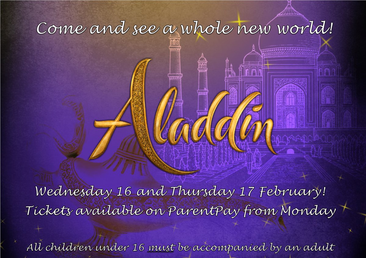 Come and see our fabulous cast show you a "Whole New World" with our annual production, which this year is Aladdin!🧞‍♂️ Tickets go on general sale from Monday via ParentPay. This is definitely one not to be missed, let us take you on a magic carpet ride! 🎭🧞‍♀️ #Aladdin