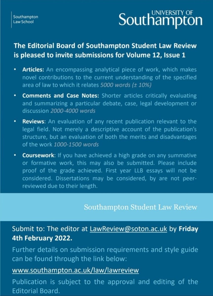 Reminder: One week left to get your submissions in for Volume 12. Email your articles, comments, case notes or reviews to lawreview@soton.ac.uk by Friday 4 February.